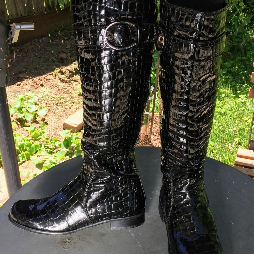 Stuart Weitzman long patent croc boots